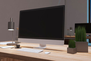 Close up of designer office desktop with empty black computer monitor, decorative items and supplies. Mock up, 3D Rendering.