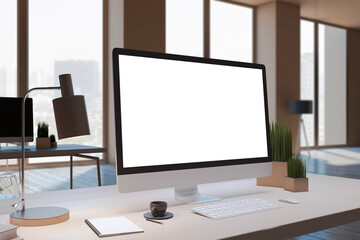 Close up of designer office desktop with empty white computer monitor, window with city view, decorative items and supplies. Mock up, 3D Rendering.