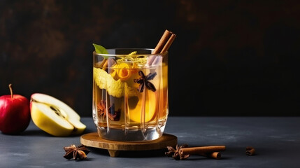 Hard apple cider cocktail with cinnamon. Illustration AI Generative.