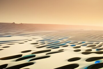 Ilustracja przedstawiająca pustynię, piach, wydmy. Wygenerowane przy pomocy AI.