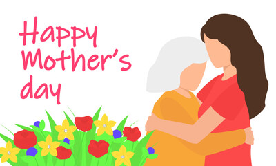 A poster for a Mother's Day with a woman and a mom hugging. Vector illustration.