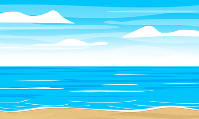 Fototapeta na wymiar A beach scene with a blue sky and clouds. Ocean or sea landscape. Vector illustration.