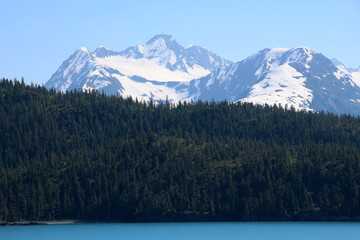 Mountain landscape on the shore of Prince William Sound is an inlet in the Gulf of Alaska east of the Kenai Peninsula