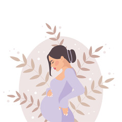 Banner with pregnant elegant woman, future mom hugging belly with arms. Happy Mother's Day. Flat vector illustration.