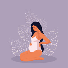 Banner with pregnant elegant woman, future mom hugging belly with arms. Happy Mother's Day. Flat vector illustration.