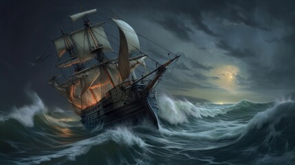 Sailing ship in stormy sea. Generative AI
