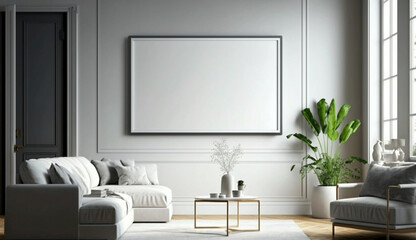 Canvas mockup in modern interior, blank white frame on the wall of living room. Generative Ai.