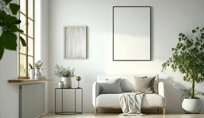Fototapeta na wymiar Canvas mockup in modern interior, blank white frame on the wall of living room. Generative Ai.