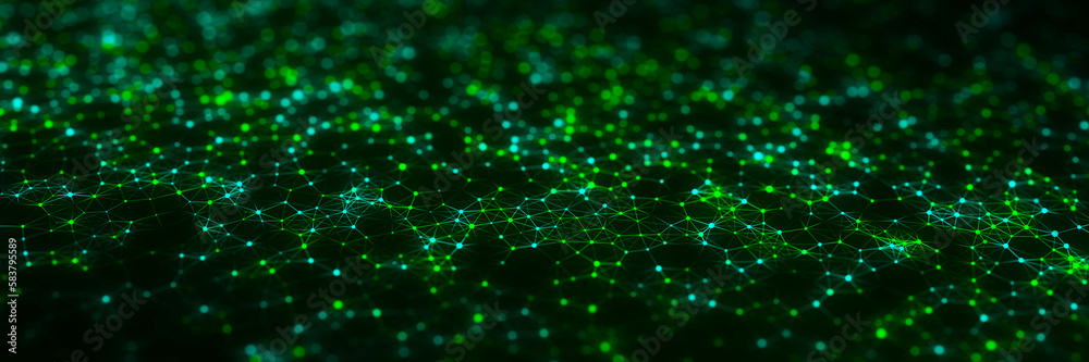 Poster Futuristic perspective grid in digital cyberspace. Flow of binary code. Network connection structure. 3D rendering.
