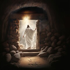 Resurrection of Jesus Christ, empty tomb, Jesus coming out of the tomb. Cricifix. Religion and the bible. Easter or Resurrection concept.  Generative AI