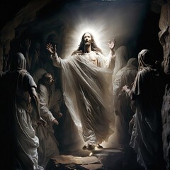 Illustration revelation of Jesus Christ, new testament, religion of christianity, heaven and hell over the crowd of people, Jerusalem of the bible. Generative AI