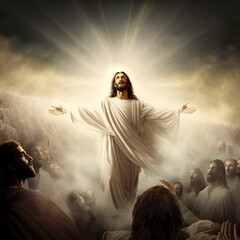 Illustration revelation of Jesus Christ, new testament, religion of christianity, heaven and hell over the crowd of people, Jerusalem of the bible. Generative AI