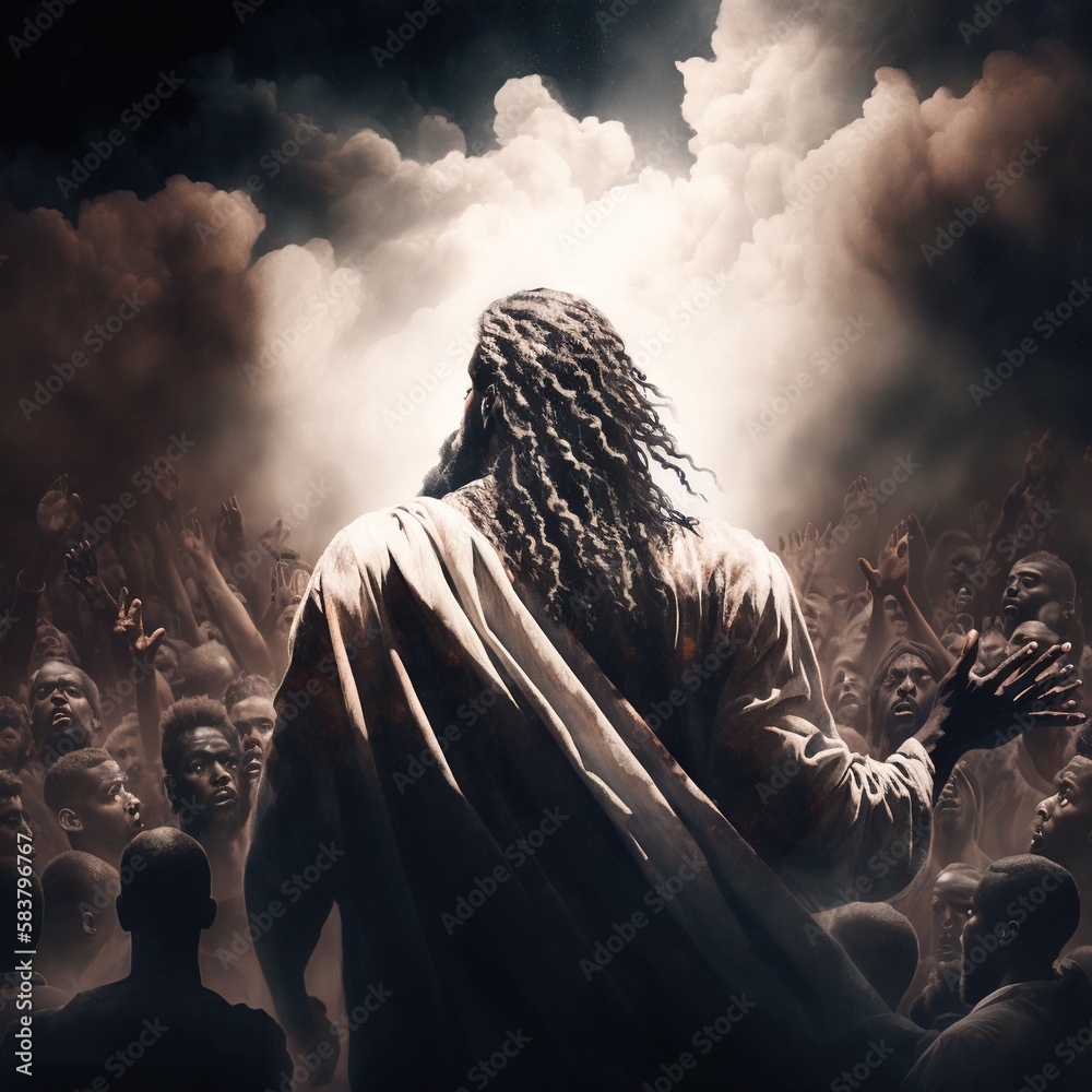 Wall mural Illustration revelation of Jesus Christ, new testament, religion of christianity, heaven and hell over the crowd of people, Jerusalem of the bible. Generative AI