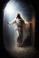 Resurrection of Jesus Christ, empty tomb, Jesus coming out of the tomb. Cricifix. Religion and the bible. Easter or Resurrection concept. Generative AI