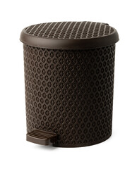 Plastic trash can with lid on white background