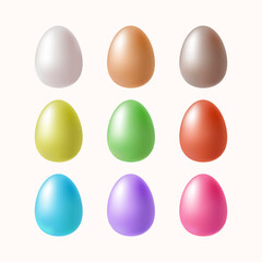 Easter eggs. Set of realistic 3d eggs of different colors. No ornaments, isolated on white background. Vector design.