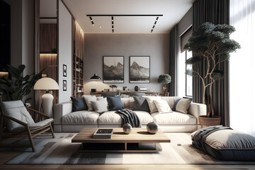 Natural and neutral tones Minimal interior design,living room Generative ai