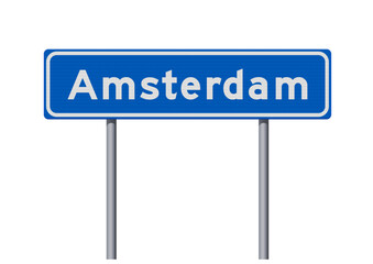 Vector illustration of the City of Amsterdam (Netherlands) entrance blue road sign on metallic poles