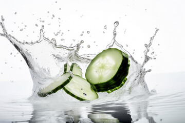 Fototapeta na wymiar Water splash on white background with Cucumber slices. generative ai 