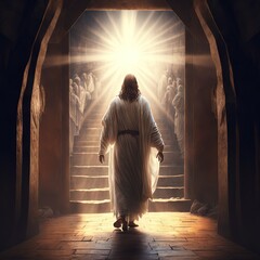 Resurrection of Jesus Christ, empty tomb, Jesus coming out of the tomb. Cricifix. Religion and the bible. Easter or Resurrection concept.  Generative AI