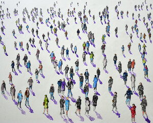 Drawing of a lot of people walking viewpoint from above with perspective  