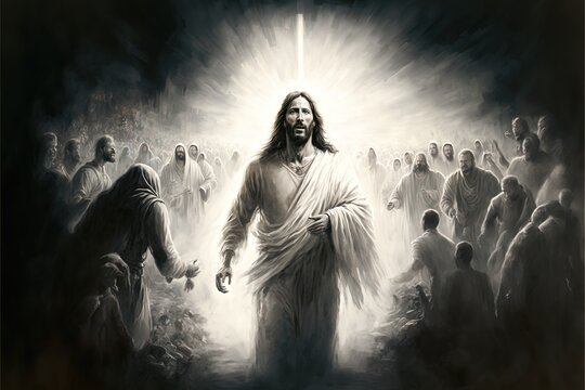 Illustration revelation of Jesus Christ, new testament, religion of christianity, heaven and hell over the crowd of people, Jerusalem of the bible. Generative AI
