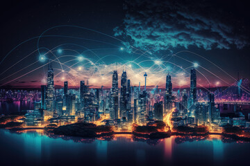 Wireless network and Connection technology concept with city background at night