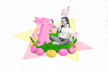 Composite photo collage of small cute girl playing with toy rabbit on lawn growing tulips...