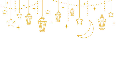 islamic decoration with hanging golden lanterns, stars, and moon