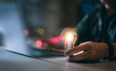 Young man working at his laptop in an office while holding a glowing lightbulb; idea for a business concept; business opportunities