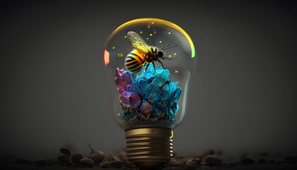 Colorful abstract light bulb with bee. Generative AI