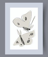 Animal butterflies aesthetic moths wall art print. Wall artwork for interior design. Printable minimal abstract butterflies poster. Contemporary decorative background with moths.