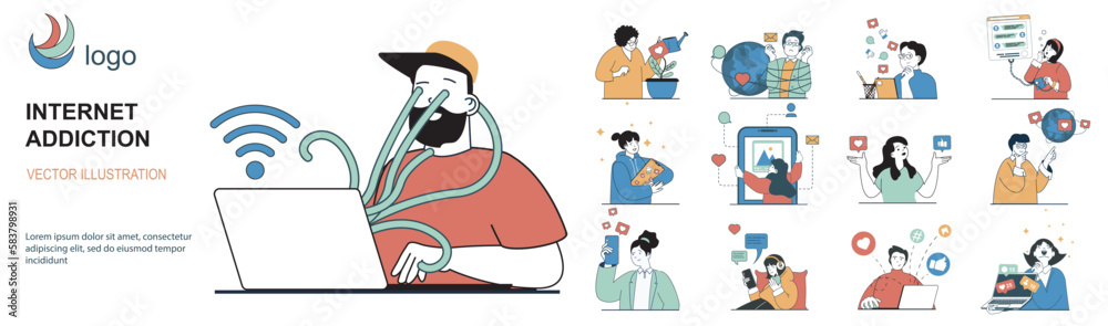 Poster internet addiction concept with character situations collection. bundle of scenes people chained to 