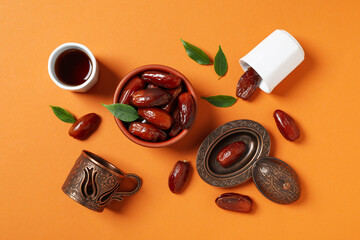 Concept of tasty food, dates, top view