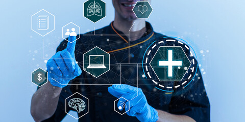 Medical technology concept. Doctor and illustration of different icons, closeup
