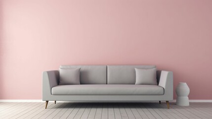 salle vide avec un canapé gris contre un mur rose pastel, avec un parquet en bois et une lumière naturelle, illustration graphique, ia générative