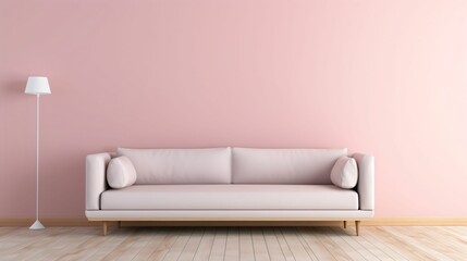 salle vide avec un canapé contre un mur rose pastel, avec un parquet en bois et une lumière naturelle, illustration graphique, ia générative