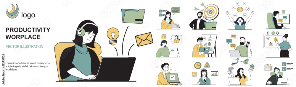 Poster productivity workplace concept with character situations collection. bundle of scenes people working
