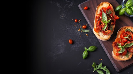 Bruschetta with semi-dried tomatoes and basil Illustration AI Generative