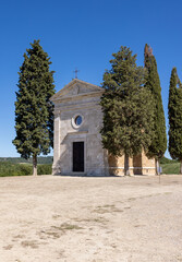 Capella Di Vitaleta in countryside between San Quirico and Pienza in Val d Orcia Tuscany. Italy