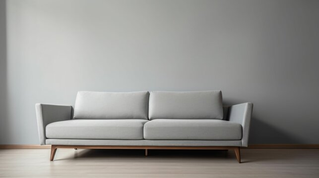 salle vide avec un canapé gris contre un mur gris, avec un parquet en bois et une lumière naturelle, illustration graphique, ia générative
