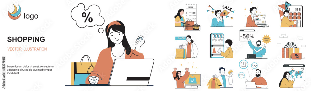 Poster shopping concept with character situations collection. bundle of scenes people make purchases online