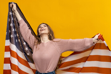 This vibrant and patriotic image features a beautiful woman with a captivating smile, looking directly into the camera against a cheerful yellow backdrop
