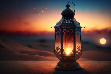 Glowing lantern or fanoos with beautiful sunset and sands background  for Ramadan, Raya Hari, Eid al Adha and Mawlid. Generative AI