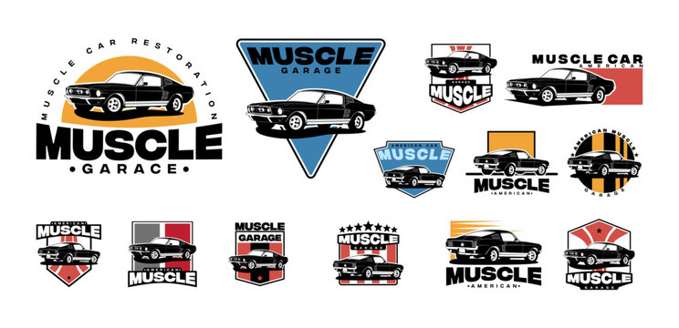 Set of American muscle car vector logo isolated on white background. 60s classic car illustration