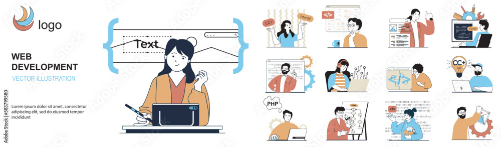 Leinwandbilder Web development concept with character situations collection. Bundle of scenes people working as UI UX designers and creating app interface of sites layouts. Vector illustrations in flat web design