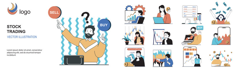 Stock trading concept with character situations collection. Bundle of scenes people analyzing financial statistics, making market research and investing money. Vector illustrations in flat web design