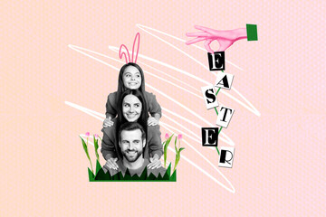 Creative postcard greetings collage happy easter celebration three people relationship parenthood have fun fresh tulips isolated on pink background