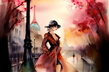 Frau mit Hut in Paris, Aquarell KI