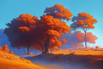 Naklejka na ściany i meble Landscape with orange trees and grass created with Generative AI technology